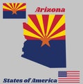 Map outline and flag of Arizona, red and weld-yellow on the top half, with star and the rest of the flag is colored blue.