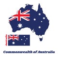 Map outline and flag of Australia in blue red and white color with white star and Union Jack. Royalty Free Stock Photo