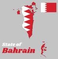 Map outline and flag of Bahrain, a white field on the hoist side separated from a larger red field on the fly by five white triang
