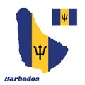 Map outline and flag of Barbados, A vertical triband of ultramarine hoist-side and fly-side and gold with the black trident-head