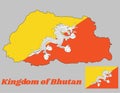 Map outline and flag of Bhutan, triangle yellow and orange, with a white dragon holding four jewels in its claws centered. Royalty Free Stock Photo