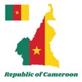 Map outline and flag of Cameroon, A vertical tricolor of green, red and yellow, with a gold star centered on the red band.