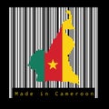 Map outline and flag of Cameroon on white barcode with black background, text: Made in Cameroon.