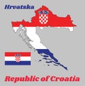 Map outline and flag of Croatia, it is a horizontal tricolor of red, white, and blue with the Coat of Arms of Croatia in center.