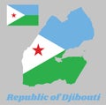 Map outline and flag of Djibouti, A horizontal bi-color of light blue and light green, with a white isosceles triangle with star. Royalty Free Stock Photo