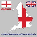 Map outline and flag of England, it is a red centred cross on a white background and union jack flag. Royalty Free Stock Photo