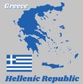 Map outline and flag of Greece, Nine horizontal stripes, in turn blue and white; a white cross on a blue square field in canton.