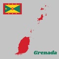 Map outline and flag of Grenada. A large rectangle with the large red border around it with six Gold star.