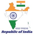 Map outline and flag of India, It is a horizontal rectangular tricolor of India saffron, white and green with the Ashoka Chakra.