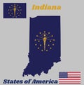 Map outline and flag of Indiana, A gold torch surrounded by an outer circle of thirteen stars, an inner semi circle of five stars.