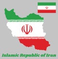 Map outline and flag of Iran, a orizontal tricolor of green, white and red with the National Emblem in red centre and the Takbir. Royalty Free Stock Photo