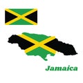 Map outline and flag of Jamaica, A gold diagonal cross divides the field into four triangles of green and black.