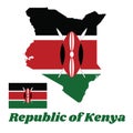 Map outline and flag of Kenya, A horizontal of black, white red, and green with two crossed white spears behind a red. Royalty Free Stock Photo