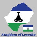 Map outline and flag of Lesotho, A horizontal triband of blue, white and green; charged with a black mokorotlo a Basotho hat.