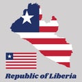 Map outline and flag of Liberia, Eleven horizontal stripes alternating red and white; in the canton, a white star on a blue.
