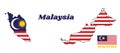 Map outline and flag of Malaysian in blue red white and yellow color with yellow star and white Crescent moon. Royalty Free Stock Photo