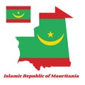 Map outline and flag of Mauritania, Two red stripes flanking a green field; charged with a golden upward-pointed crescent and star