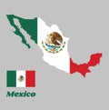 Map outline and flag of Mexico and the country name, a vertical tricolor of green white and red with the nation Coat of Arms