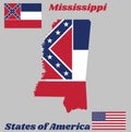Map outline and flag of Mississippi, with white star. Royalty Free Stock Photo