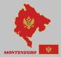 Map outline and flag of Montenegro and the country name. A red field surrounded by a golden border; charged with the Coat of Arms