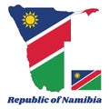 Map outline and flag of Namibia, a white-edged red diagonal band radiating from the lower hoist-side corner. The upper triangle. Royalty Free Stock Photo