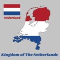 Map outline and flag of Nederland, it is a horizontal tricolor of red, white, and blue. Royalty Free Stock Photo