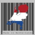 Map outline and flag of Netherlands on black barcode with grey background, text: Made in Netherlands. Royalty Free Stock Photo