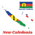 Map outline and flag of New Caledonia, A horizontal tricolour of blue, red, and green with a yellow disc with a vertical symbol. Royalty Free Stock Photo