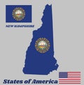 Map outline and flag of New Hampshire. The State Seal of New Hampshire on a blue field surrounded by Laural leaves and nine stars Royalty Free Stock Photo