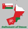 Map outline and flag of Oman, a horizontal tricolor of white, red and green, with the National emblem of Oman.