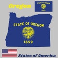 Map outline and flag of Oregon, Seal of Oregon in gold on an azure field. Above the seal the text State of Oregon. Royalty Free Stock Photo