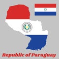 Map outline and flag of Paraguay, a horizontal triband of red, white and blue, with the coat of arms of Paraguay.