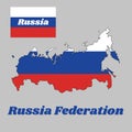 Map outline and flag of Russia, It a tricolor flag consisting of three equal horizontal fields.