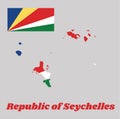 Map outline and flag of seychelles, five oblique bands of blue, yellow, red, white and green radiating from bottom of hoist side.