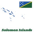 Map outline and flag of Solomon Islands, A thin yellow narrow diagonal stripe divided diagonally with green and blue triangle. Royalty Free Stock Photo