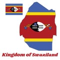 Map outline and flag of Swaziland, a horizontal triband of blue, yellow and red with the large black and white Nguni shield. Royalty Free Stock Photo