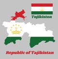 Map outline and flag of Tajikistan, a horizontal tricolor of red, white and green; charged with a crown surmounted and star.