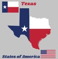 Map outline and flag of Texas, blue containing a single centered white star into a white and red bar. Royalty Free Stock Photo