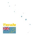 Map outline and flag of Tuvalu, a Light Blue Ensign with the Map of the Island of nine yellow stars on the outer half of the flag.