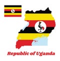 Map outline and flag of Uganda, horizontal bands of black yellow and red ; a white disc depicts the national symbol.