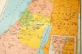 map of palestine on 1947, original borders in a world atlas map before the creation of the State of Israel, close up Jerusalem