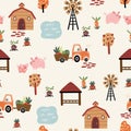 Cartoon Village map seamless pattern. Background of a farm with houses, animals, road, lakes, trees and tractor.