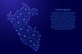 Map of Peru from polygonal blue lines, glowing stars illustration
