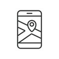 Map on a phone, icon in line design. Map, phone, GPS, mobile, location, navigation, app on white background vector. Map