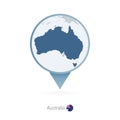 Map pin with detailed map of Australia and neighboring countries