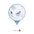 Map pin with detailed map of Malaysia and neighboring countries