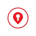 Map pin and keyhole logo design, locked location icon, lock map logo icon vector