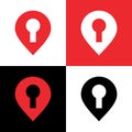 Map pin and keyhole logo template, search location and lock symbol, map pointer icon - Vector