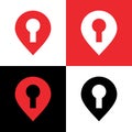 Map pin and keyhole logo template, search location and lock symbol, map pointer icon - Vector