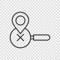 Map pin with magnifier icon in flat style. Gps navigation vector illustration on white isolated background. Locate position Royalty Free Stock Photo